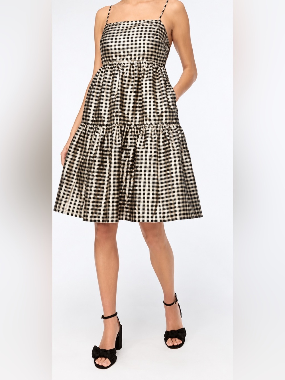 J.Crew Size 4 Metallic Gingham Fit Flare Midi Dress Gold Black Party Cocktail